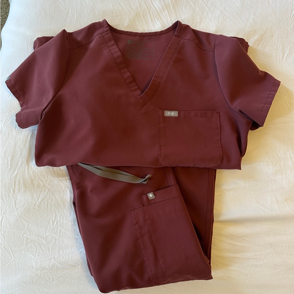 Figs Dark Cherry Scrub Set-Small Catarina, XS High Waisted Yola